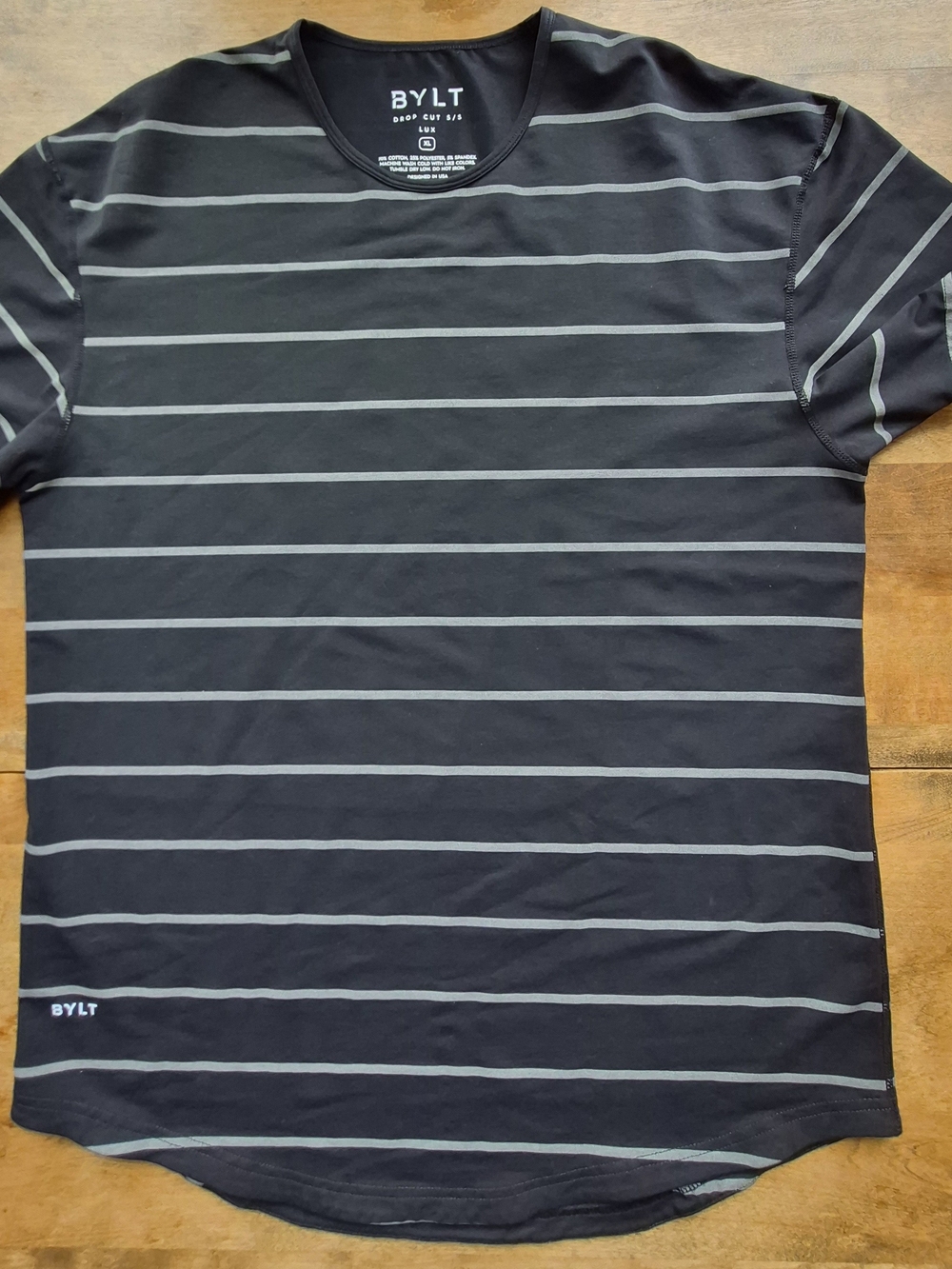 BYLT Basic Mens XL Black Gray Sripted Tee Drop Cut Lux Casual Striped